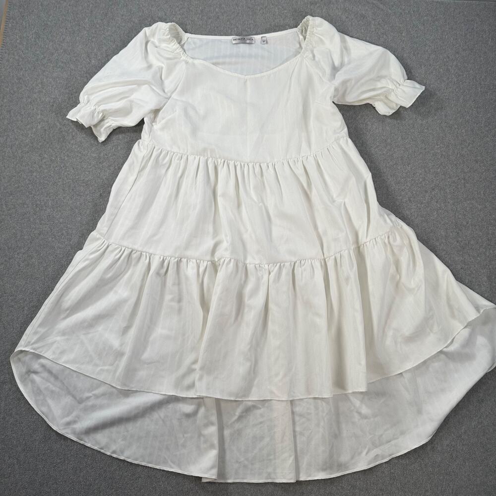 Patrizia Luca Tiered High Low Dress Women's Medium White Stripe Short Sleeve